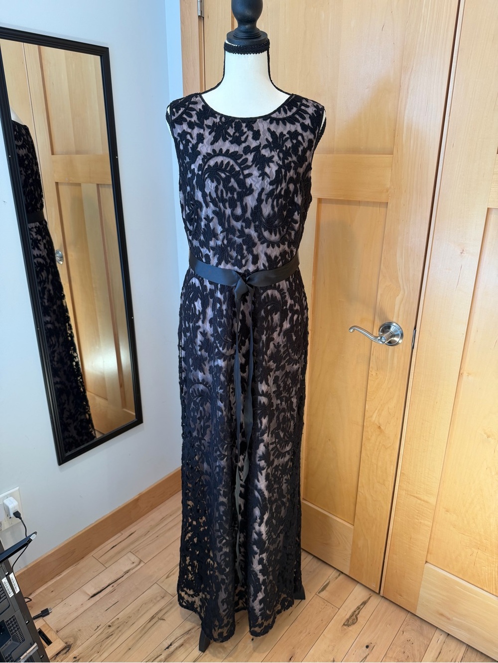 Adrianna Papell Black Lace Overlay Maxi Dress with Satin Sash